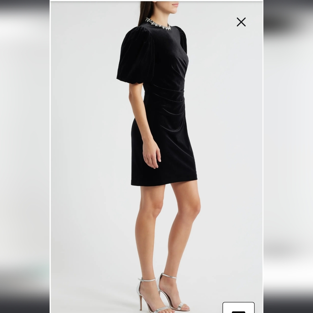 Eliza J Jeweled Neck Black Velvet Puffer Sleeve Dress Size 4 - Picture 2 of 10